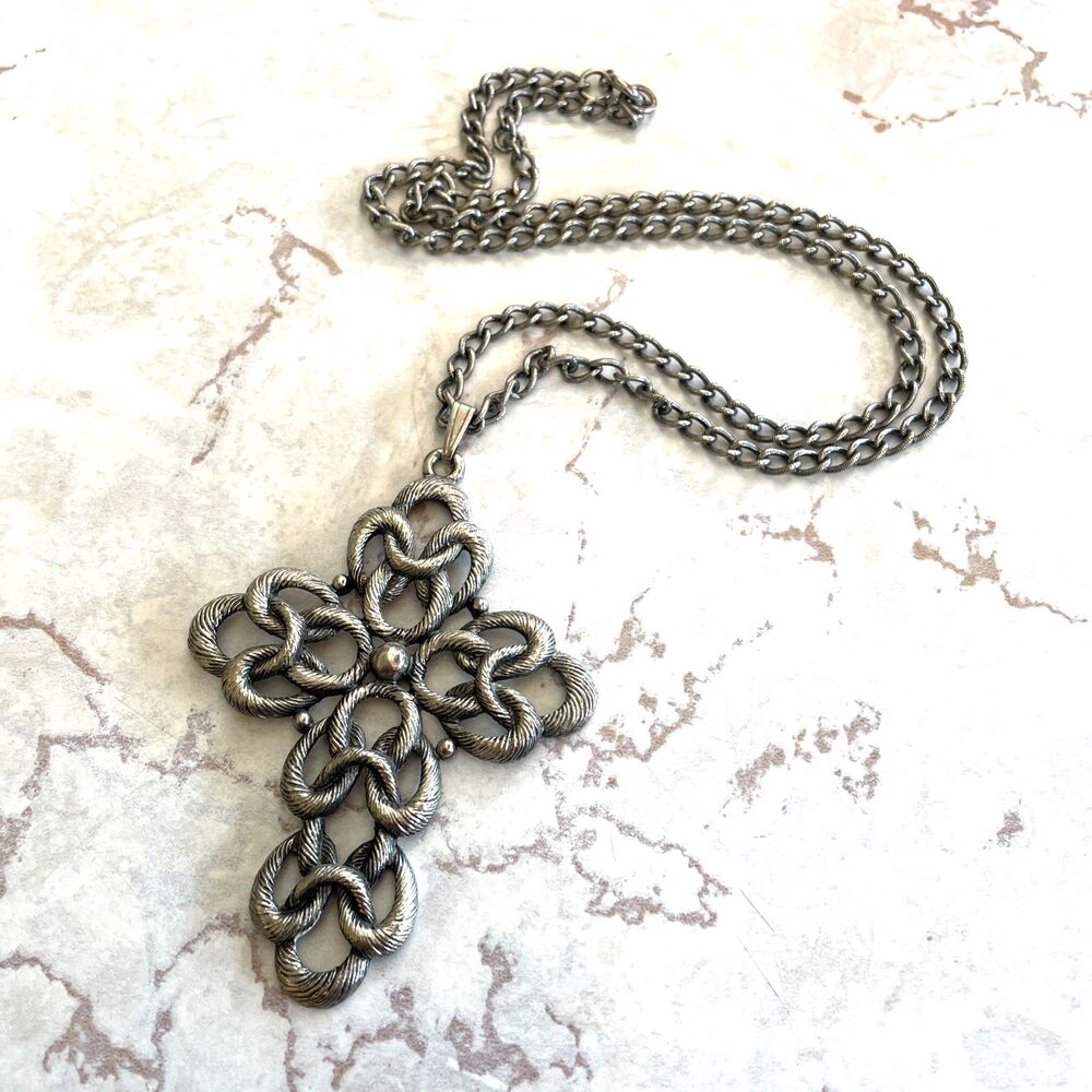 Large Gothic Cross Necklace Silver Tone Sarah Coventry Chunky Vintage Jewelry